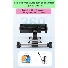 SUPORT TABLETA PE TETIERA DIN ALUMINIU REGLABIL SI AJUSTABIL 360 GRADE