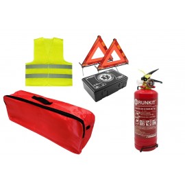 Kit siguranta auto omologat R.A.R.,Geanta rosie, Extinctor auto cu manometru, reincarcabil, 1 kg, valabilitate 5 ani si Trusa medicala auto de prim ajutor