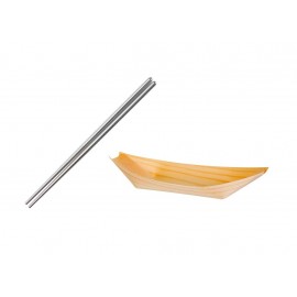 SET 1 PERSOANA SERVIRE APERITIVE 2 BETISOARE SUSHI DIN INOX REUTILIZABILE CU BOL DIN LEMN 14CM