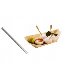 SET 1 PERSOANA SERVIRE APERITIVE 2 BETISOARE SUSHI DIN INOX REUTILIZABILE CU BOL DIN LEMN 14CM