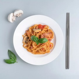 SET 1 PERSOANA SERVIRE APERITIVE 2 BETISOARE SUSHI DIN INOX REUTILIZABILE CU BOL DIN LEMN 14CM